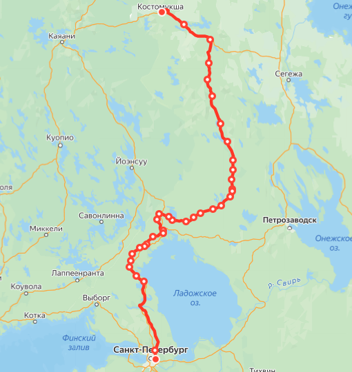 Поезд №349/350 Санкт-Петербург-Костомукша с остановками чуть реже чем каждые 20 км и большим количеством разнообразных ВБС