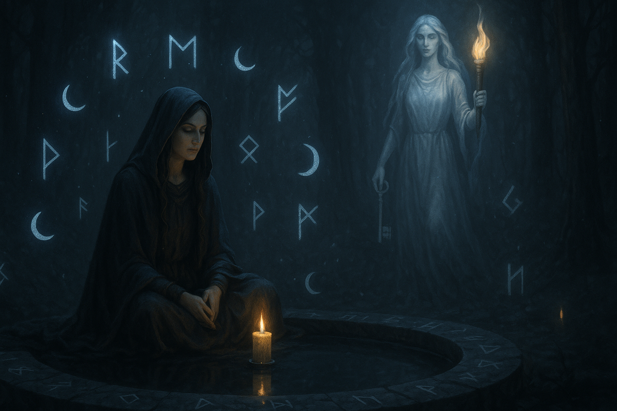 Геката у лунной чаши — таинственный ритуал Новолуния 20 ноября. Руны и гадание онлайн, магия Новолуния, сила женской интуиции, связь с богиней ночи. Энергетический ритуал для исполнения желаний и очищения перед Новолунием.