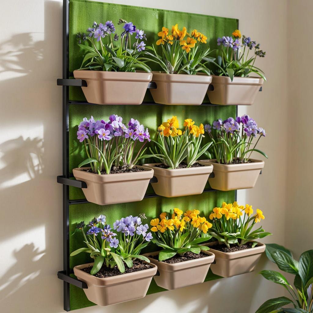 Вертикальное озеленение. Неглубокие контейнеры с цветущими крокусами и сциллами, закрепленные в настенной на стене. Экономит место и оживляет стену.