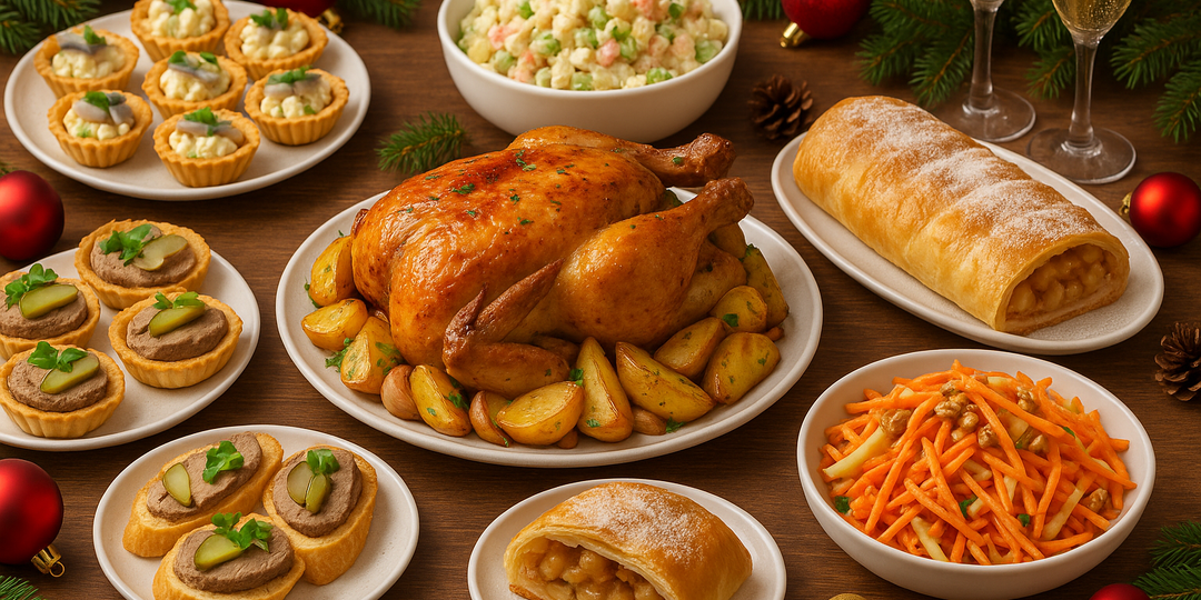 Бюджетный новогодний стол 2026: меню на 5–6 человек всего за 2000 ₽! 2 закуски, 2 салата, горячее и десерт!