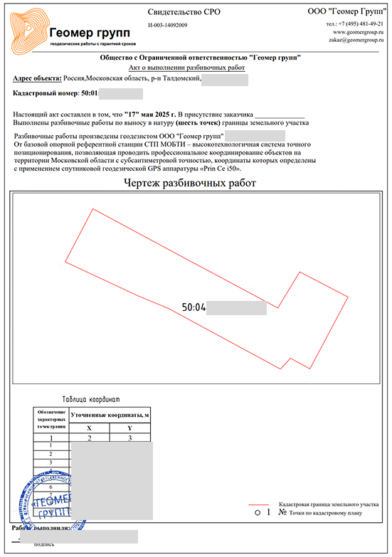 Акт о выносе на участок/
