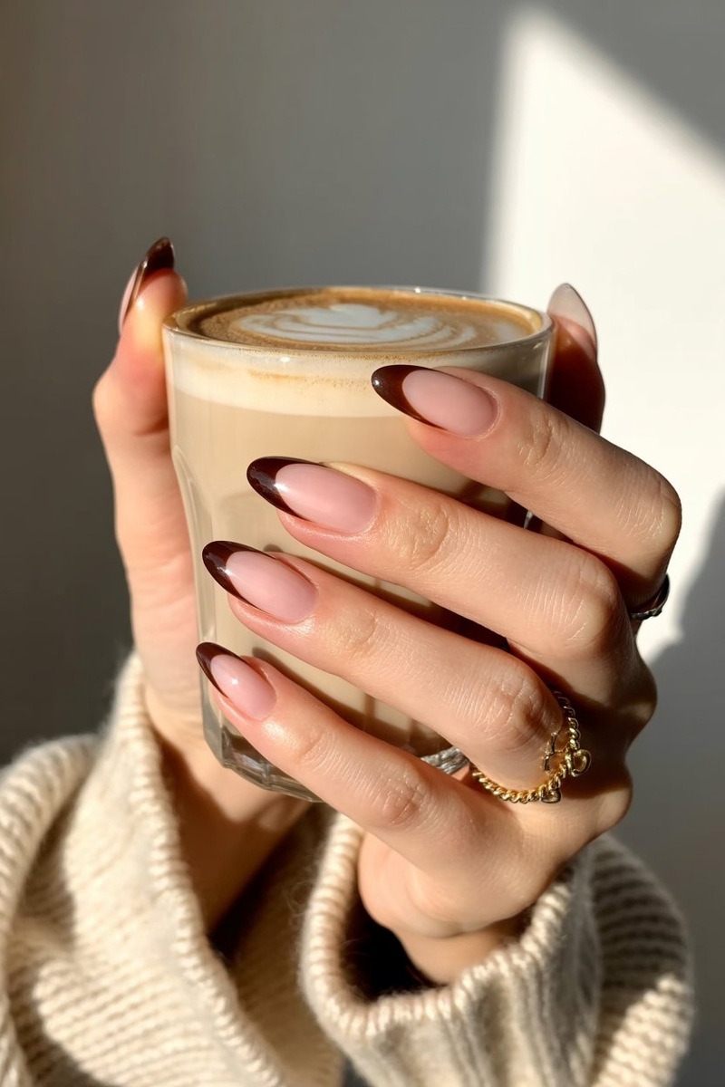 Шоколадно-коричневые кончики французского маникюра на фоне нежной нюдовой основы Pinterest.com