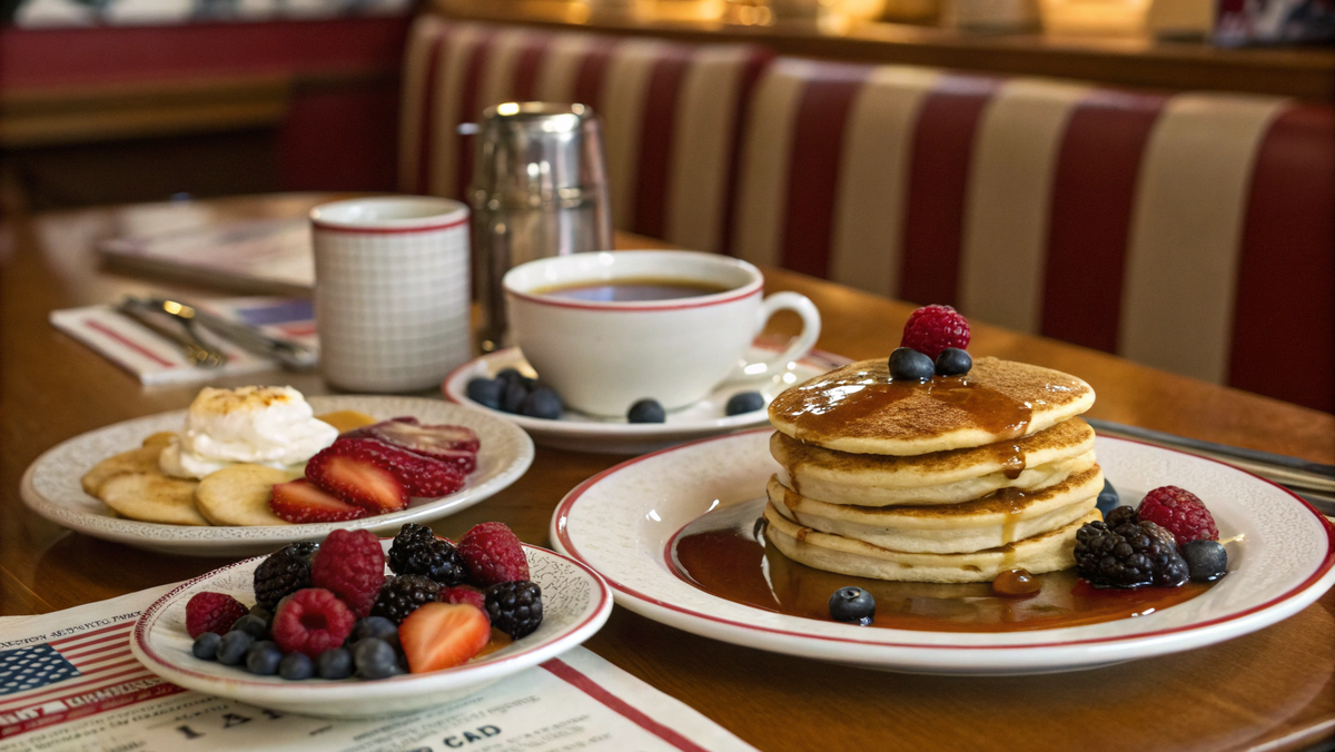 Фото: Стол с тарелками, стопка панкейков, сироп, ягоды, чашка чая или кофе.
