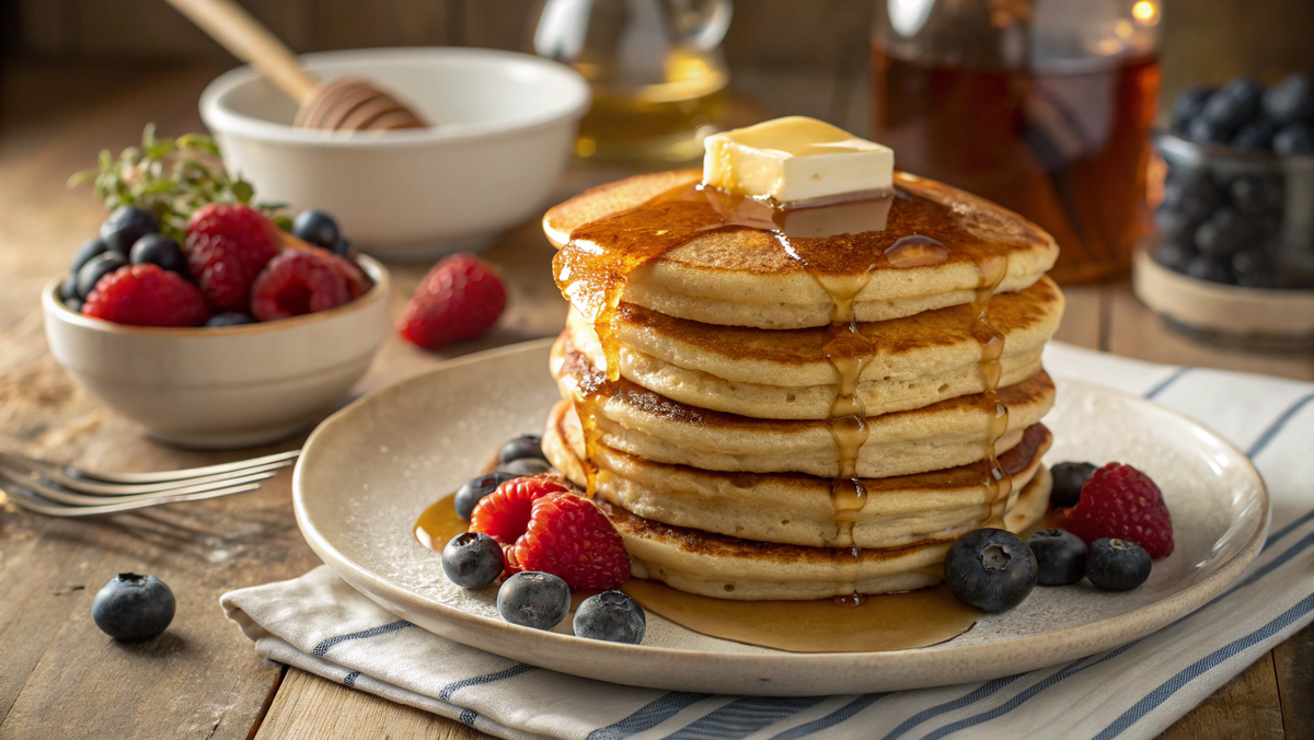 Фото: Высокая стопка золотистых панкейков, сверху тает кусочек масла, стекает сироп, рядом свежие ягоды.