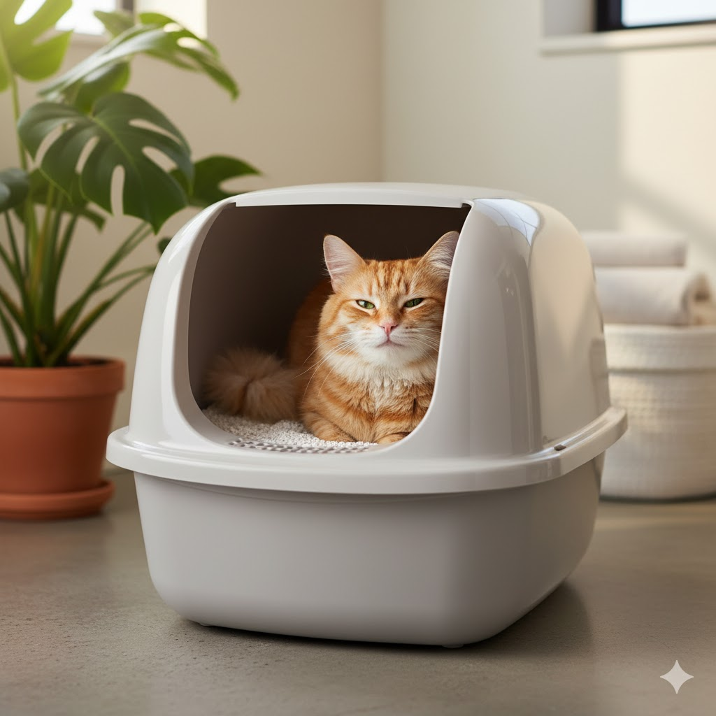 Счастливая кошка в чистом лотке