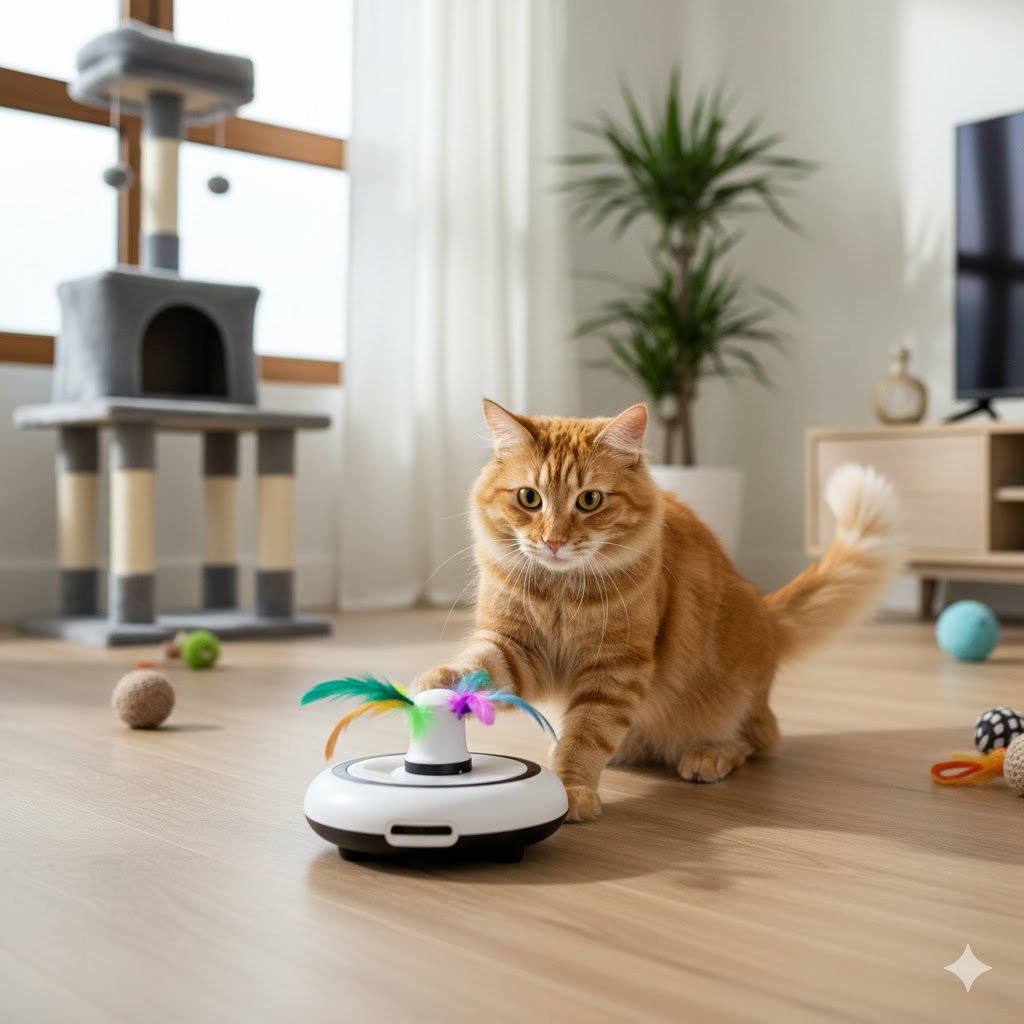 Кошка, играющая с интерактивной игрушкой