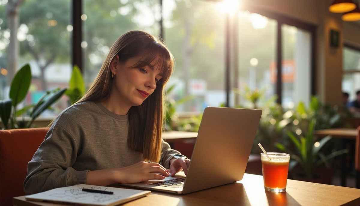 Утро исследователя историй: ноутбук, блокнот с инсайтами и чашка вдохновения — всё, что нужно для охоты за следующим бизнес-кейсом.