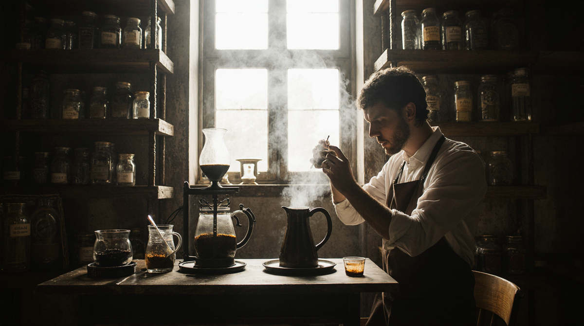 Фото: Аптекарь в старинном халате варит кофе