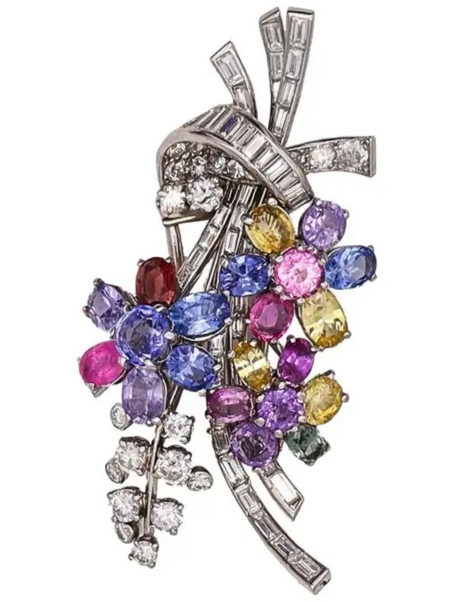 Брошь в ретростиле. Платина, сапфиры, бриллианты.