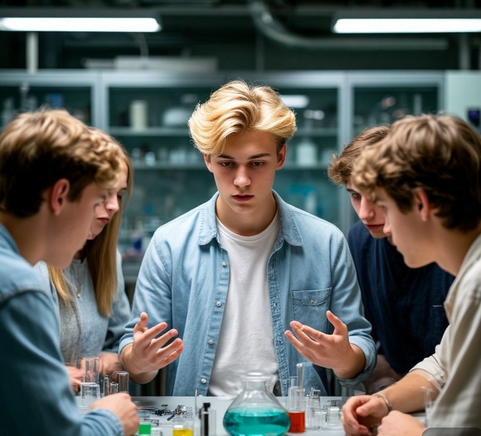 Саша с друзьями в университетской лаборатории
