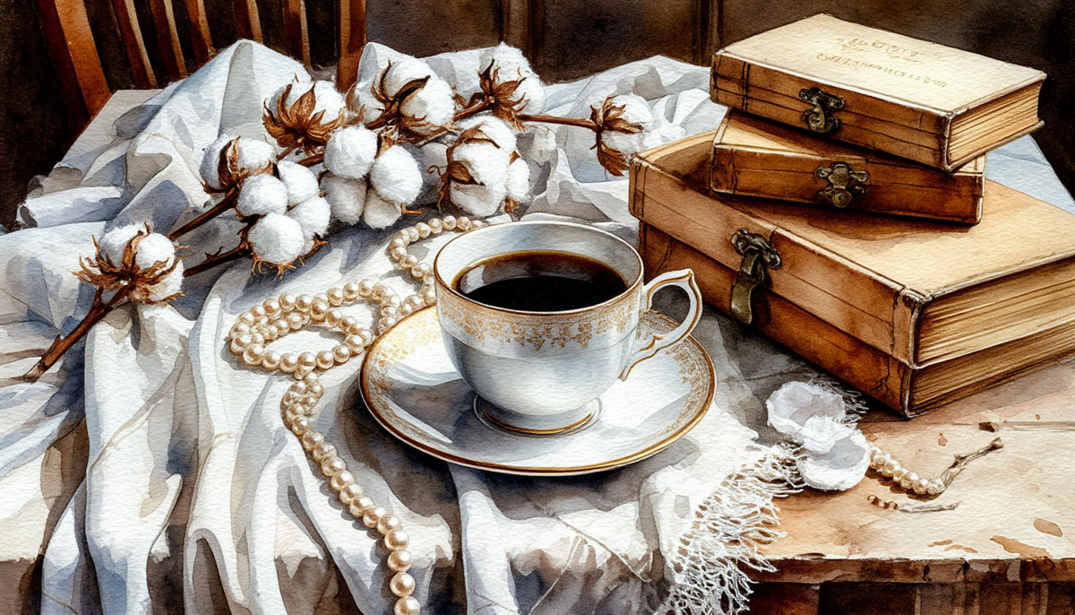 The table cloth is made of cotton. The coffee is made with water and coffee beans. The boxes are made out of old books.