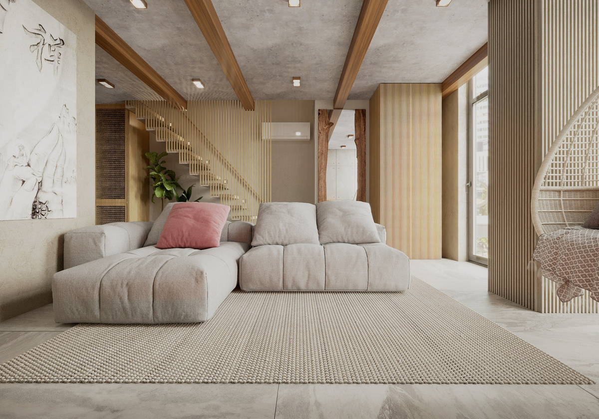 Интерьер гостиной, проект «Двухуровневые апартаменты 76 кв.м»