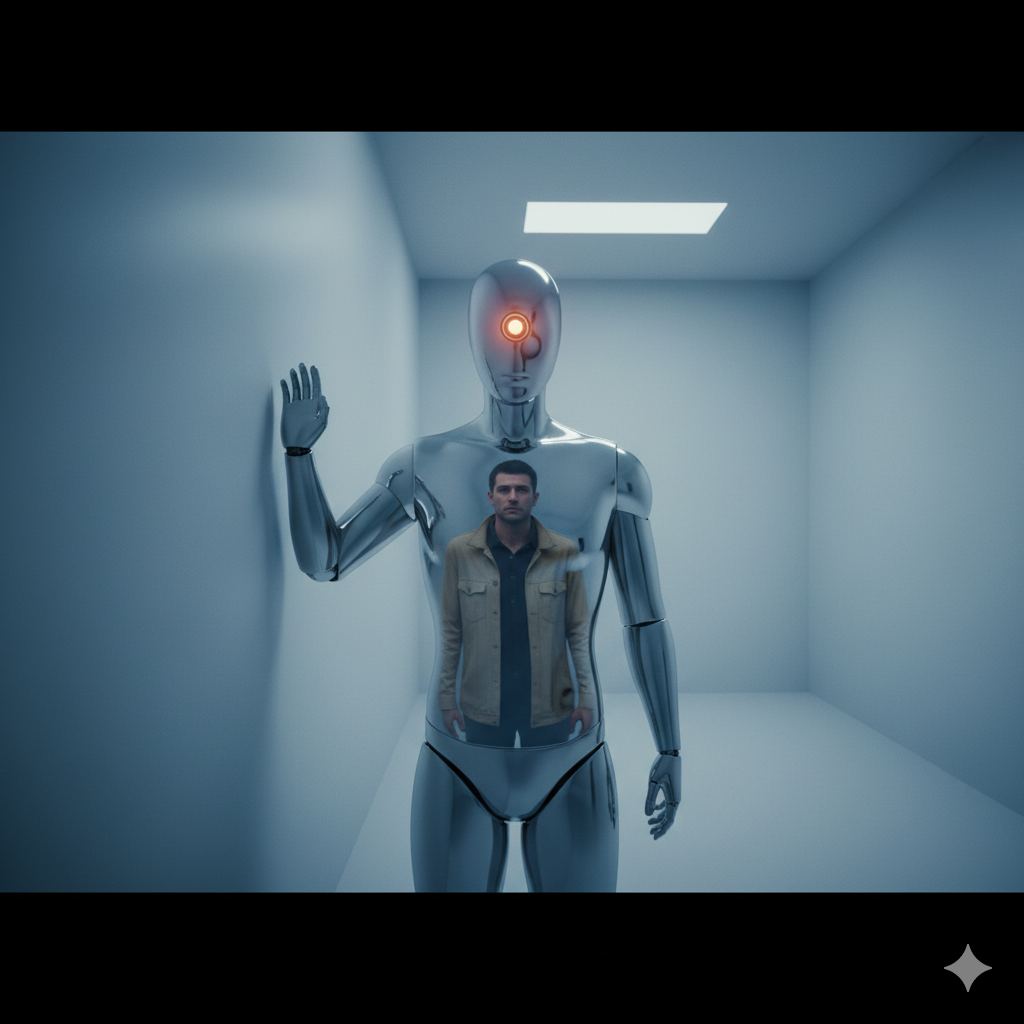 Но самое пугающее — это его "лицо": просто гладкая поверхность, отражающая моё собственное искажённое страхом.