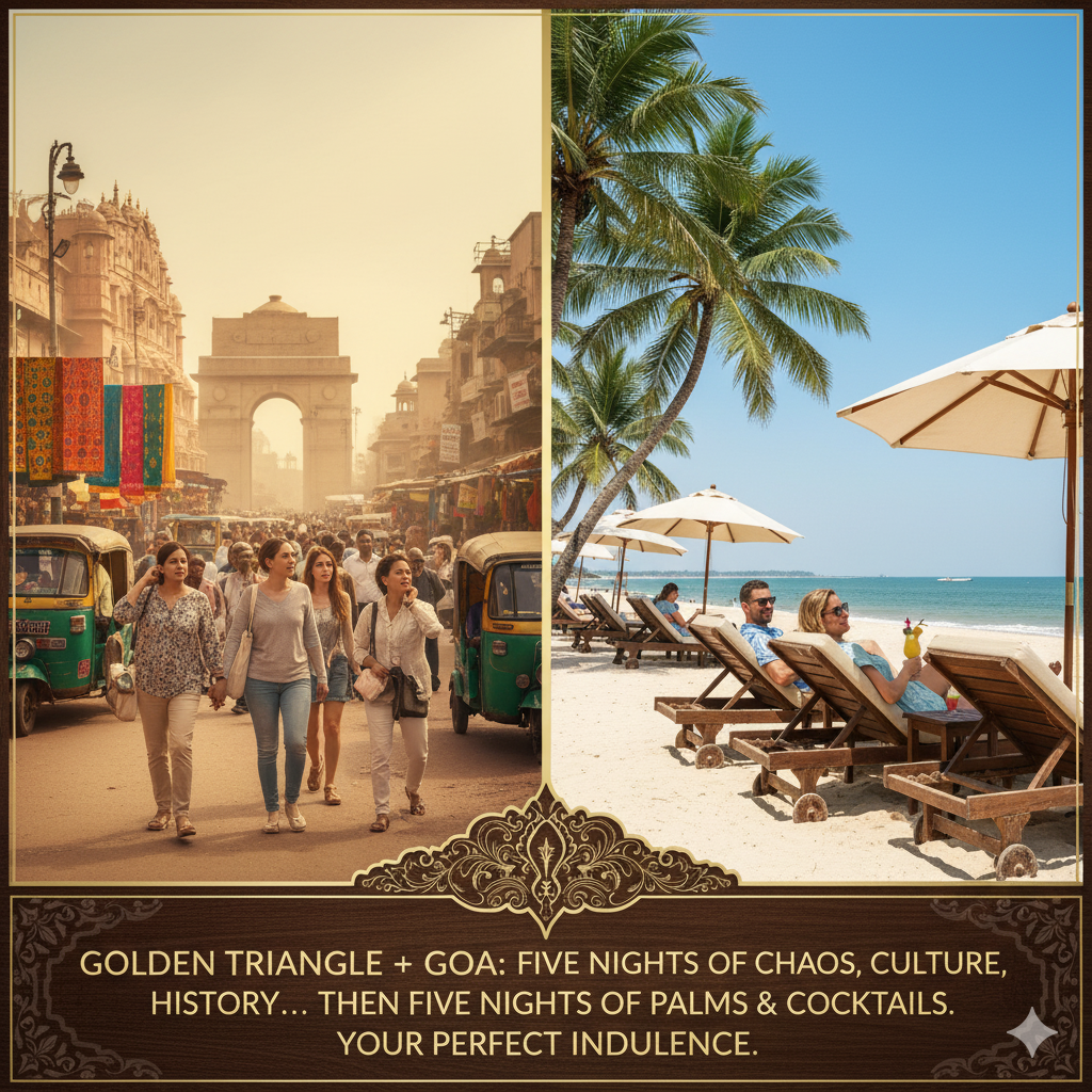Пять ночей — Дели, Агра, Джайпур. Погружение в тот самый хаос, культуру, историю, «настоящую Индию». А потом — пять ночей на пляжах Гоа, чтобы «отойти и переварить»