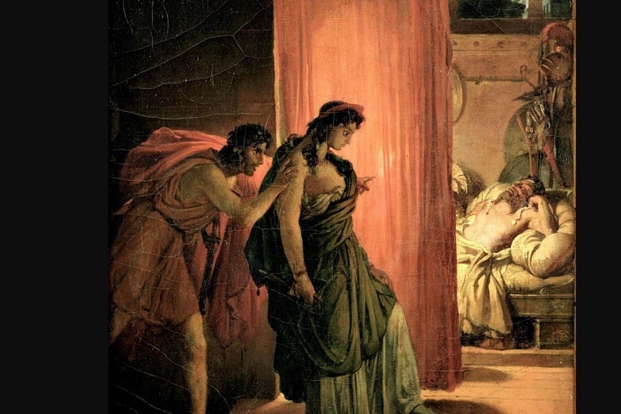 Здесь, как мне кажется, художник Пьер-Нарсис Герен либо опирался не на пьесу Эсхила, либо создал собирательный образ убийства Агамемнона. Мы видим, как Эгисф в буквальном смысле толкает Клитемнестру на убийство мужа. 