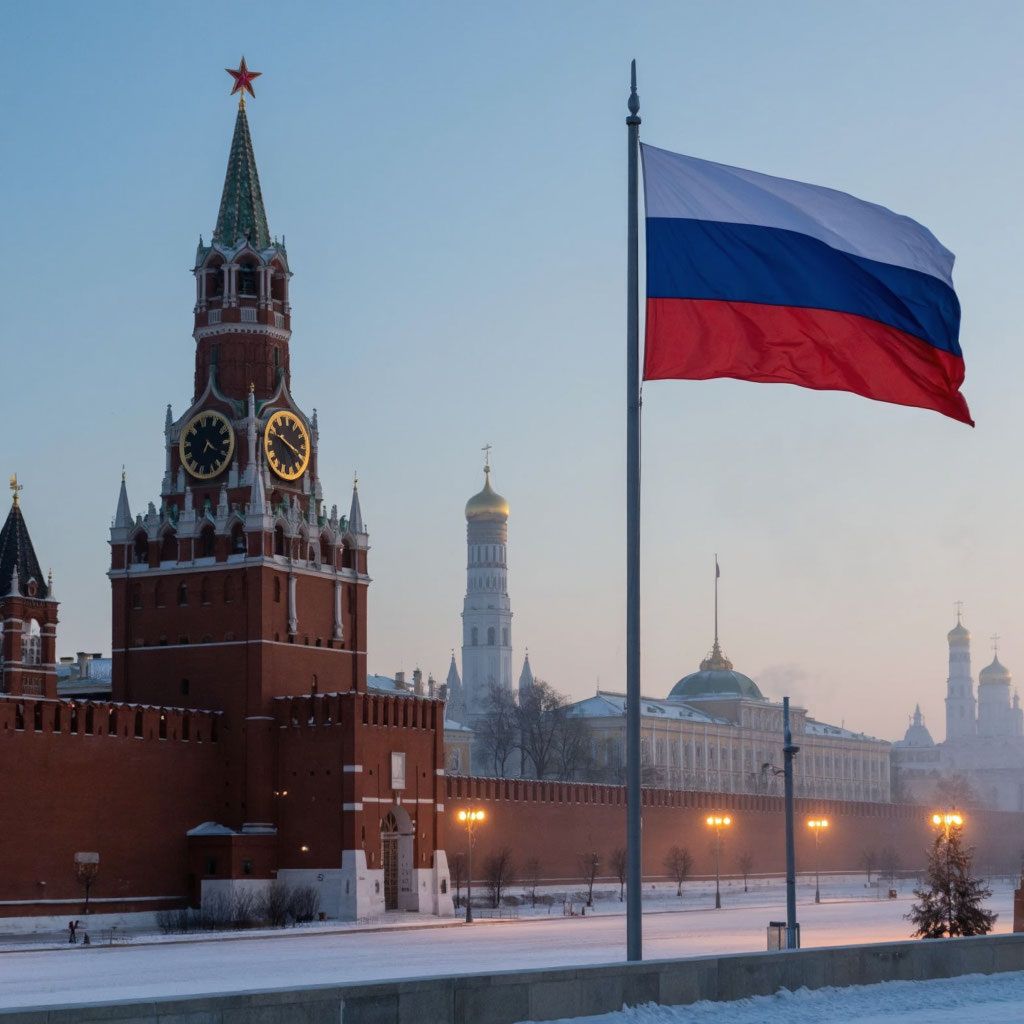  в 20:33, над Кремлём спускают красный флаг — тот самый, под которым шли по Красной площади парады и в космос уходили корабли. Флаг России поднимают вверх под морозный ветер.