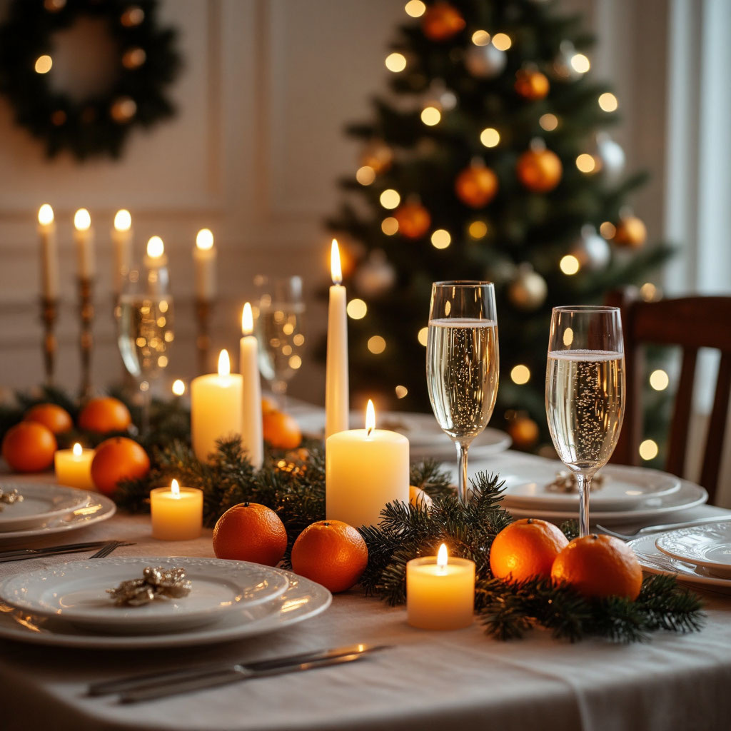 оливье, мандарины, шампанское под бой