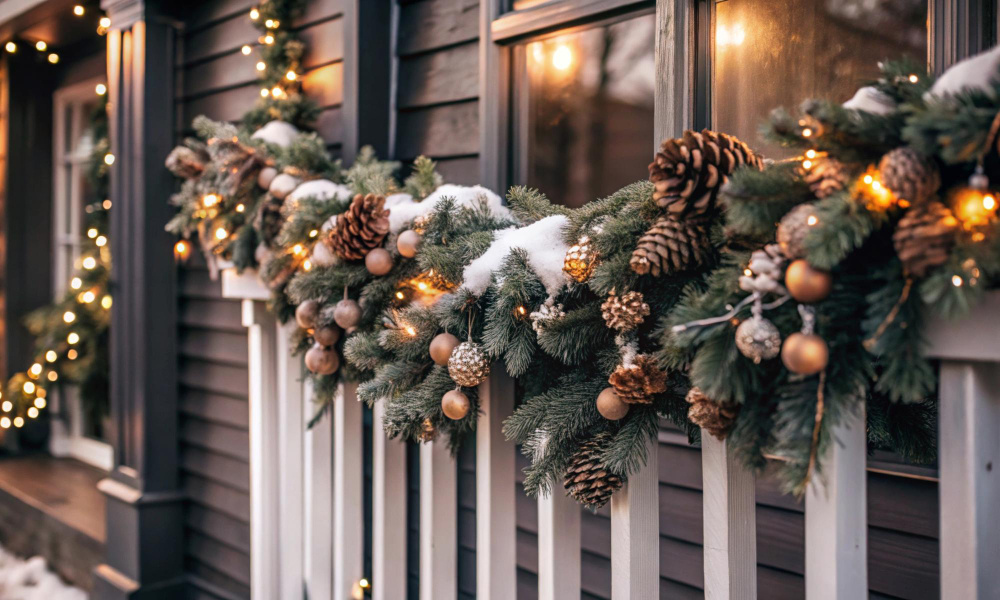 Вариант новогоднего декора крыльца частного дома