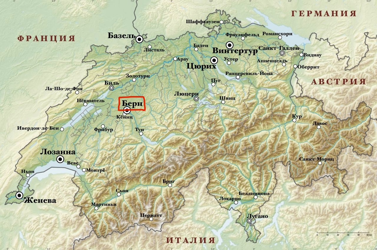 Берн на карте Швейцарии