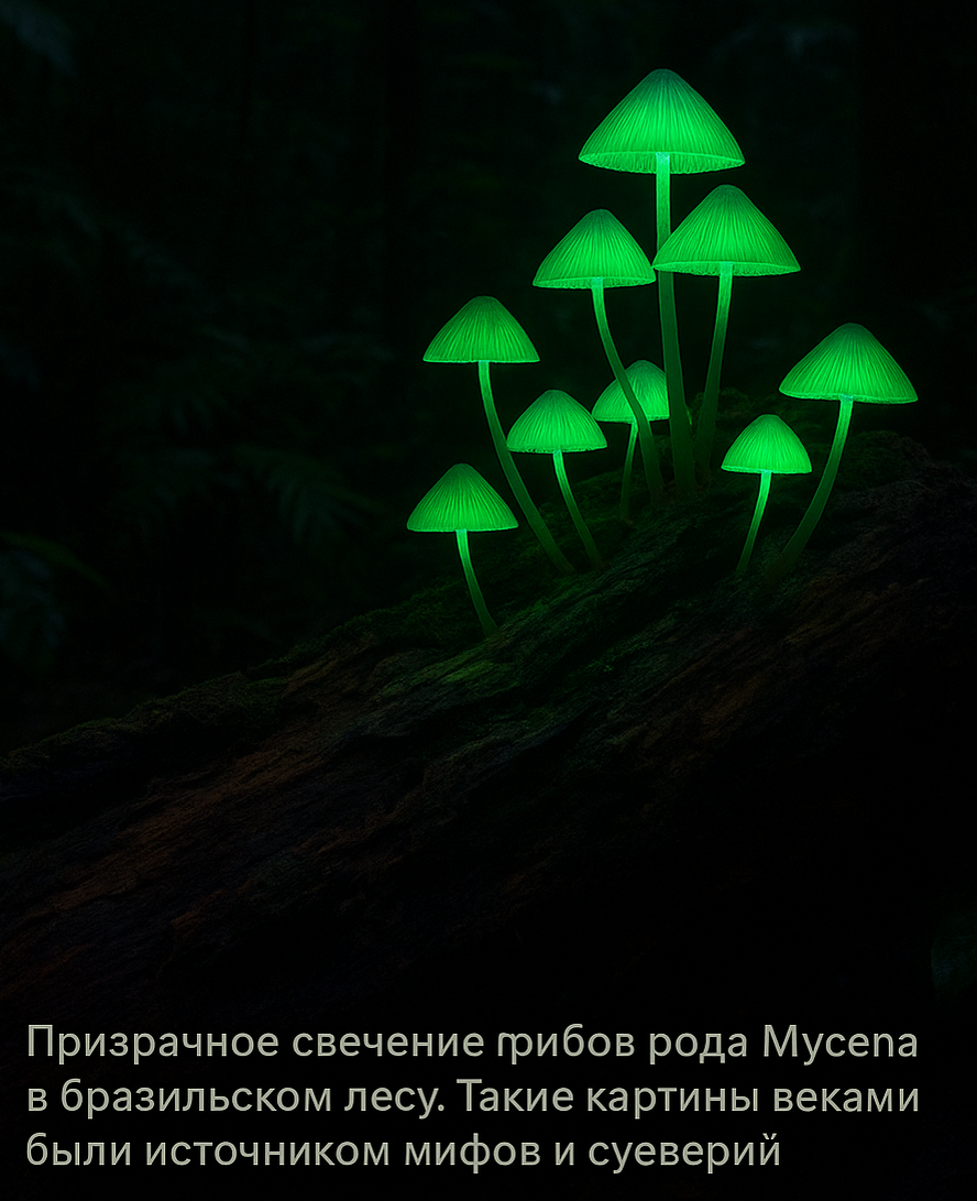 Фотография тропического леса ночью, где гнилая древесина ярко светится зелёным светом. Подпись: Призрачное свечение грибов рода Mycena в бразильском лесу. Такие картины веками были источником мифов и суеверий.