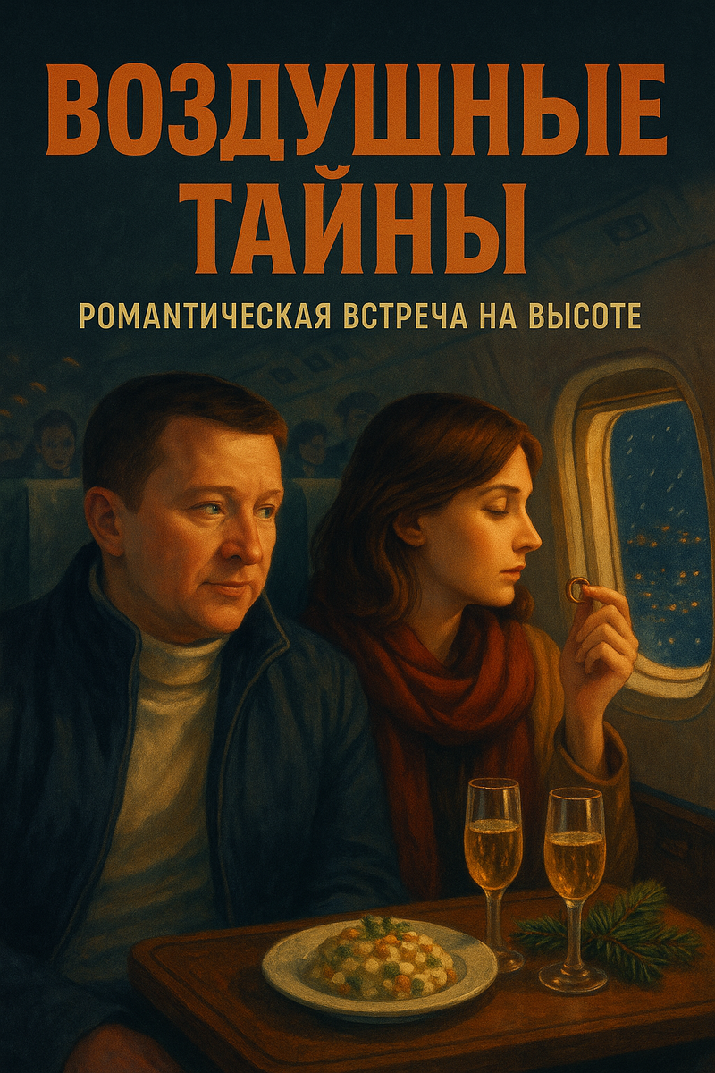 Внутренний салон старого советского самолёта Ту-134. Новый год. Теплый мягкий свет, уютная атмосфера, ощущение праздника и тайны. На переднем плане — мужчина и женщина сидят рядом у иллюминатора. Мужчина в casual одежде, задумчив, смотрит на женщину. Женщина с шарфом цвета граната, строгий профиль, взгляд в окно, кольцо в руках — будто только сняла. На столике — бокалы с шампанским, тарелка с оливье, небольшая ёлочная ветка. В заднем ряду видны другие пассажиры, шепчутся, оглядываются, создавая атмосферу интриги. Снаружи через иллюминатор — ночное небо и огни города. Вся сцена пропитана романтикой, тайной и ощущением судьбоносного момента