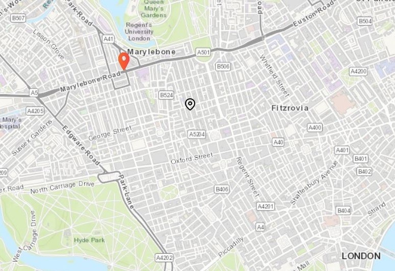 Здесь, на углу Бейкер‑стрит и Мэрилебон‑роуд, стояло отделение Lloyds Bank. Точка на карте — место ограбления.