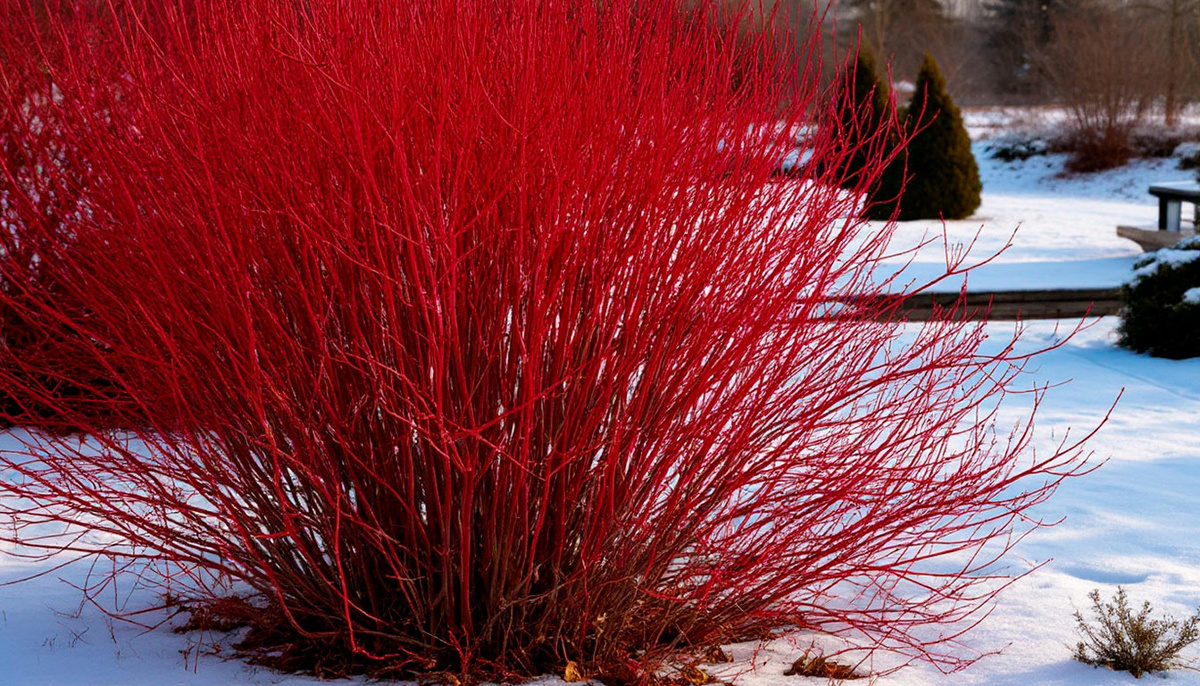Зимой дерён белый привлекает внимание своими ярко-красными побегами, контрастирующими с белым снегом и создающими живописный ландшафт.