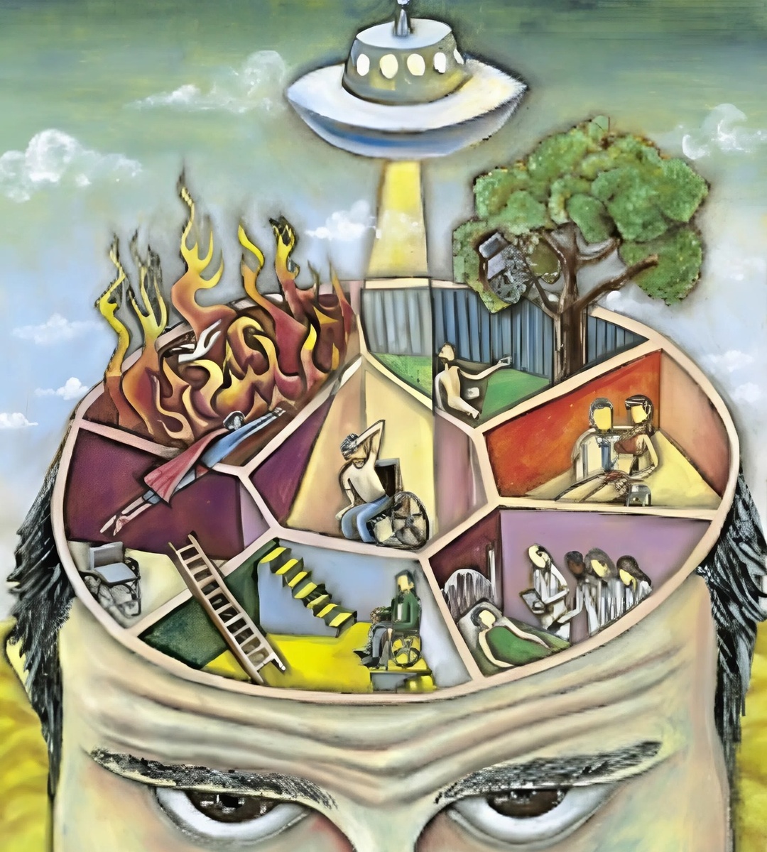 Синдром Кандинского-Клерамбо: Псевдогаллюцинации — обманы восприятия (зрительные, слуховые, обонятельные, тактильные), которые воспринимаются не органами чувств, а как бы «изнутри». Больной отличает их от реальных объектов, отмечая искусственность и «сделанность». Например, «голоса» могут звучать в голове, а зрительные образы — возникать «внутренним взором». Убеждённость в том, что на человека оказывается физическое или психическое воздействие извне. Это может быть связано с техническими средствами (лучи, лазеры), психологическими приёмами (гипноз) или сверхъестественными силами (магия, телепатия).