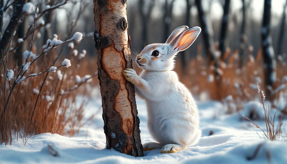 Зимой зайцы и другие животные грызут деревья из-за недостатка пищи, повреждая кору и молодые побеги, поэтому деревья необходимо защищать специальными ограждениями или отпугивающими средствами, чтобы предотвратить их гибель.