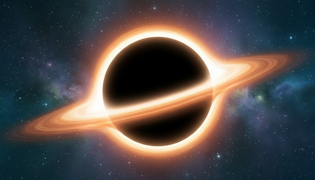 Фотореалистичная иллюстрация чёрной дыры в космосе - аккреционный диск, искривление света, горизонт событий и мощное гравитационное поле, астрофизика, строение чёрной дыры, современные научные визуализации.