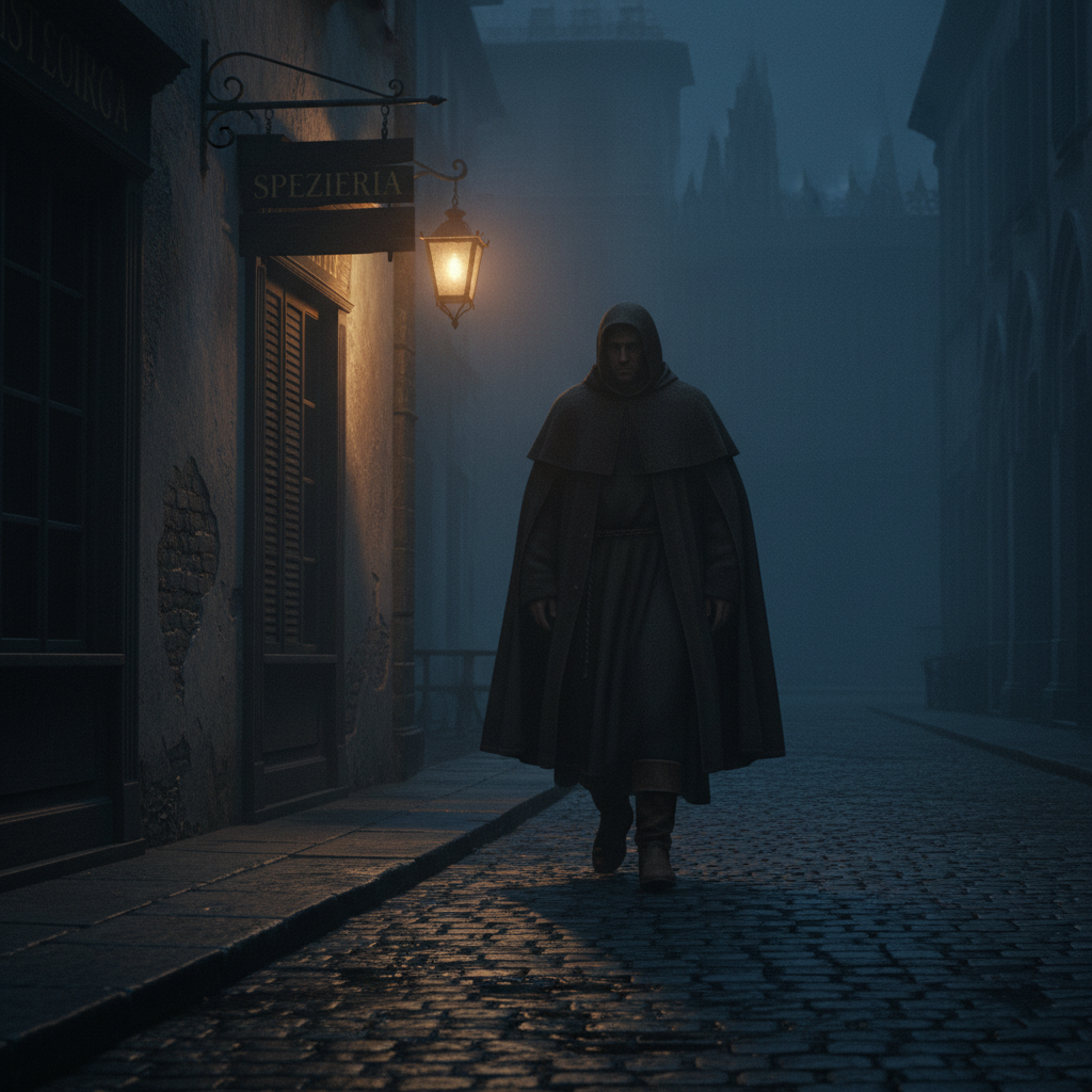 Одинокий прохожий на ночной городской улице.