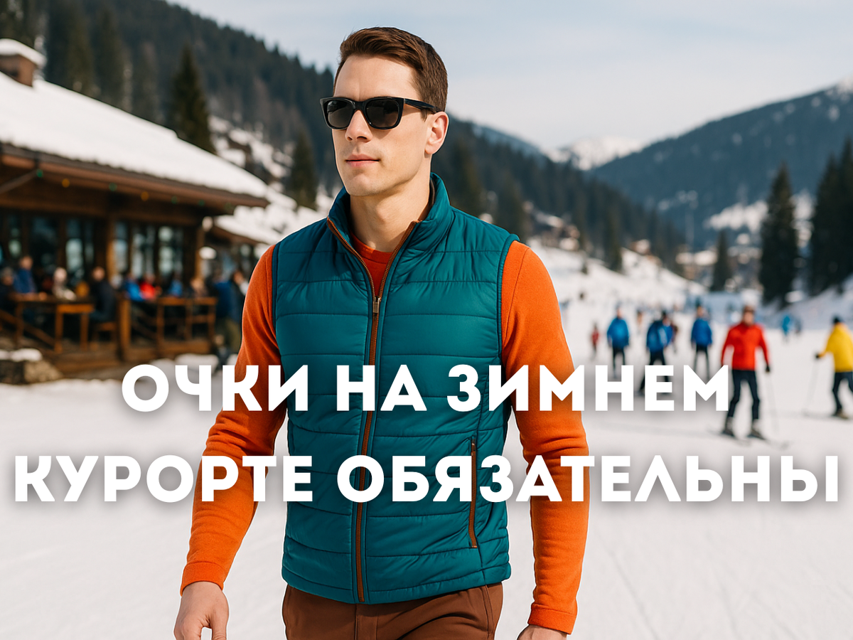 Мужчина в очках на фоне зимнего курорта.