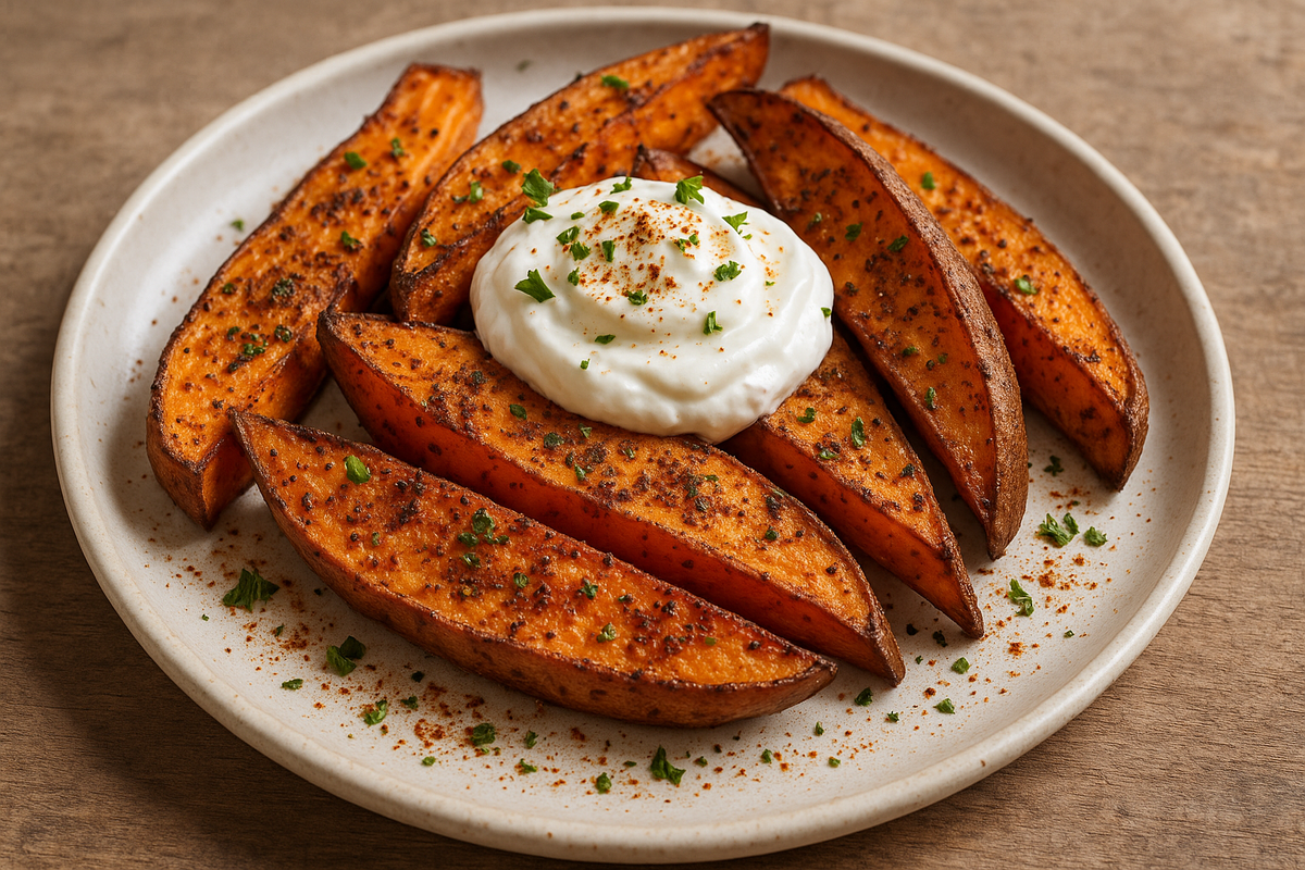 Запечённый батат с пряностями и греческим йогуртом.Вариант сервировки