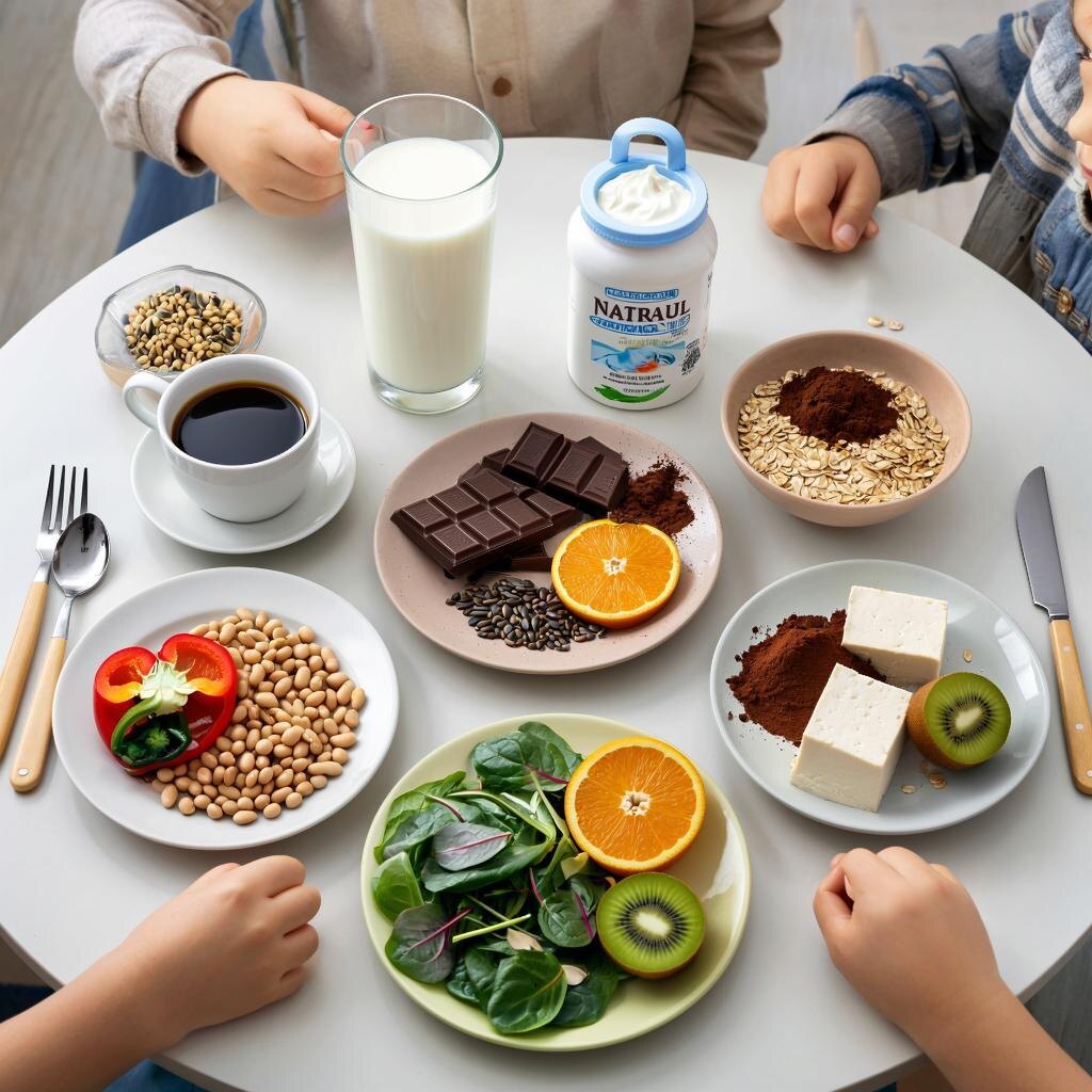 Продукты, мешающие усвоению железа. Чай снижает усвоение железа . Кофе ухудшает всасывание железа . Кальций конкурирует с железом. Фитаты в цельнозерновых мешают усвоению железа.  Соевые продукты содержат ингибиторы железа. Листья шпината и щавеля в салате — оксалаты снижают доступность железа. Тарелка с перцем, апельсином и киви — витамин C помогает усвоению железа  