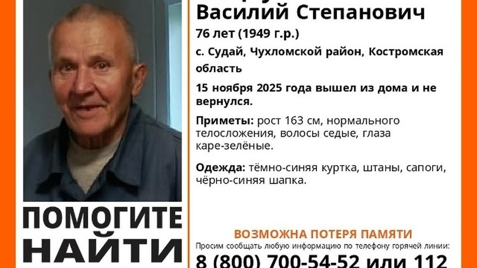 В Костромской области ищут пожилого мужчину: он мог потерять память