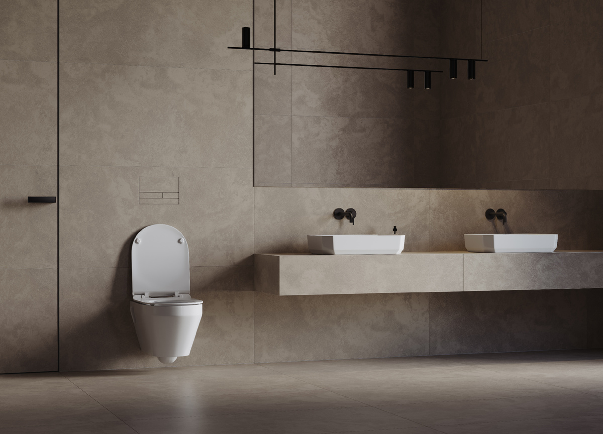 Две раковины Line 55 от SANITA LUXE в интерьере ванной комнаты в стиле минимализм