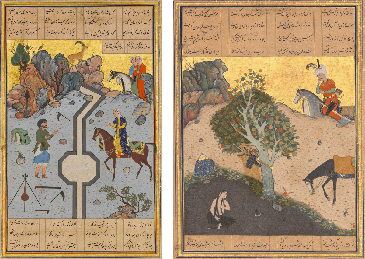 Слева: «Фархад прорубает молочный канал для Ширин». Справа: «Хосров видит купающуюся Ширин», лист из «Хамсы» (квинтета) Низами. Каллиграф: Султан Мухаммад Нур (ок. 1472–ок. 1536). Художник: Шейх Зада. Современный Афганистан, Герат. – Музей Метрополитен.