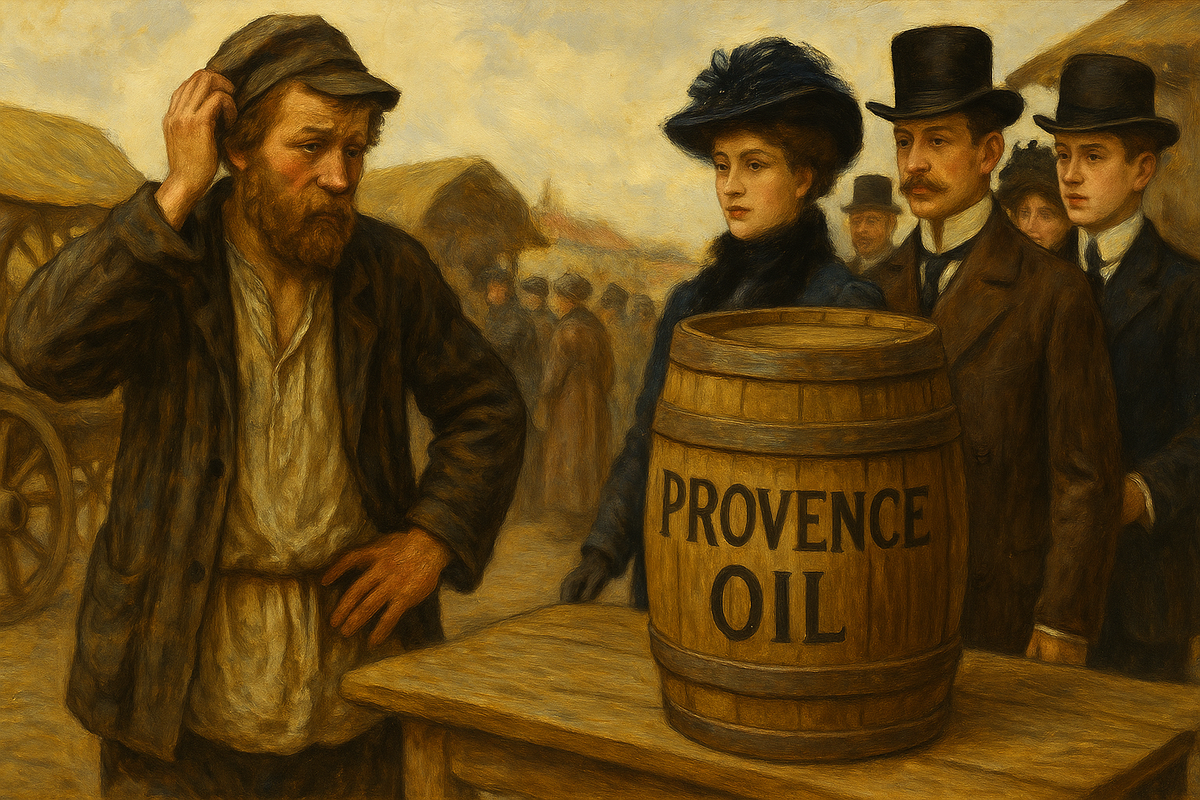 Русский крестьянин в задумчивости стоит перед бочкой с надписью «Provence Oil», наблюдая очередь из элегантных горожан начала XX века. Картина с лёгкой иронией передаёт столкновение простоты и изысканности, символизируя путь оливкового масла в России.