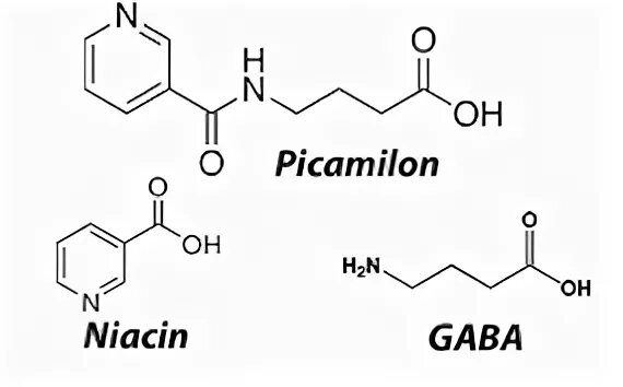Молекула пикамилона, ниацина и гамма-аминомаслянной кислоты. 