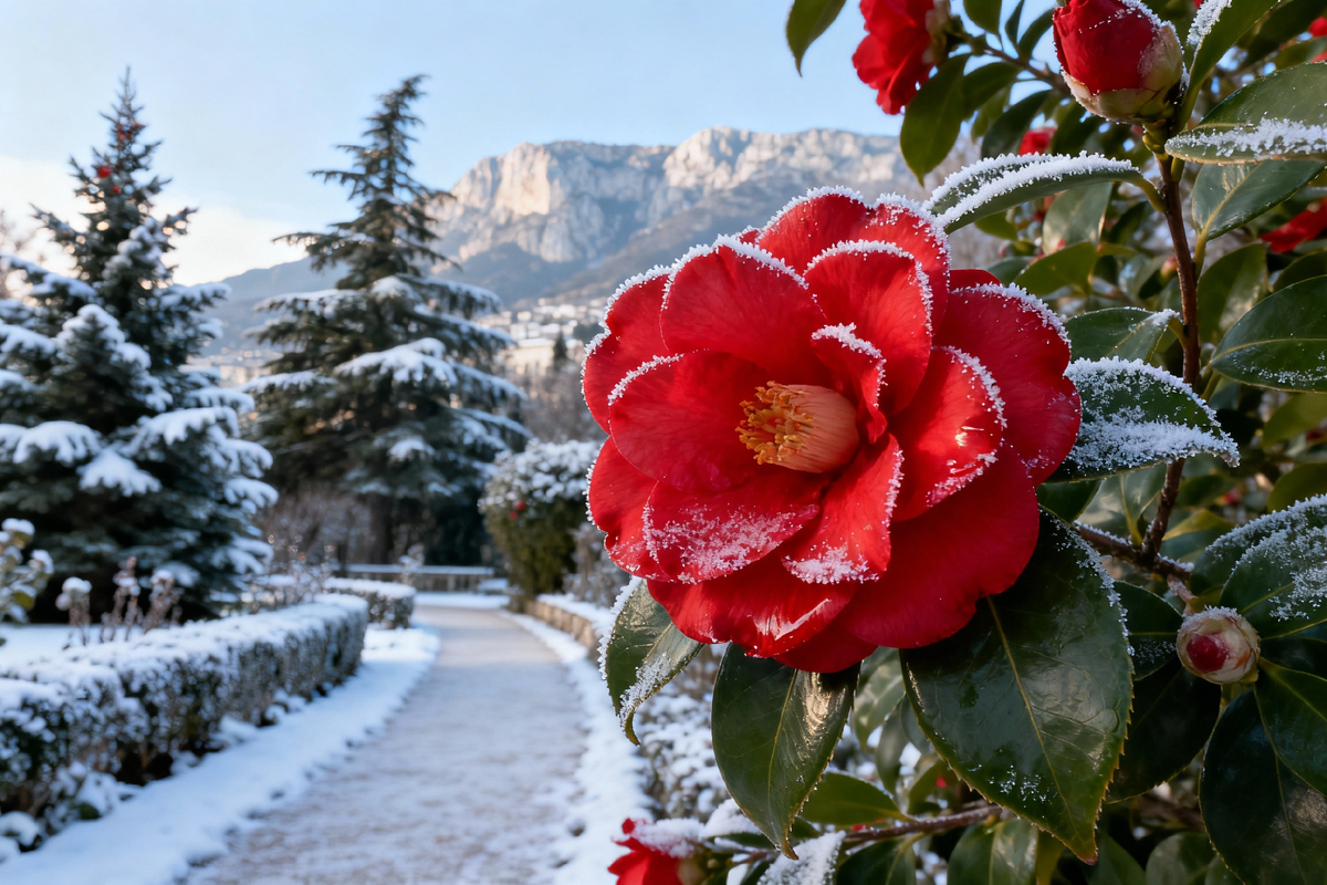 Красивая цветущая камелия японская в саду Ялты зимой