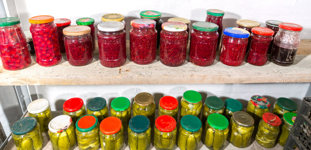  Аккуратные ряды банок с соленьями и вареньем на полках в погребе