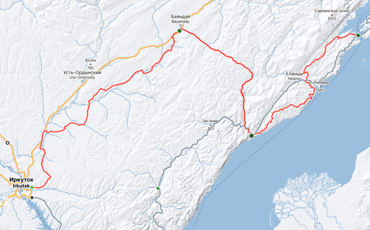 Участок 1 (красная маркировка трека), населённые пункты: Иркутск/Старт — Баяндай — Бугульдейка — район Еланцов — МРС/паромная переправа на Ольхон. Протяженность участка 🚴 359 км.