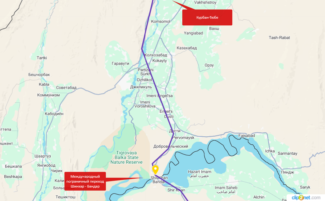 Расположение пограничного перехода Шерхан-Бандар