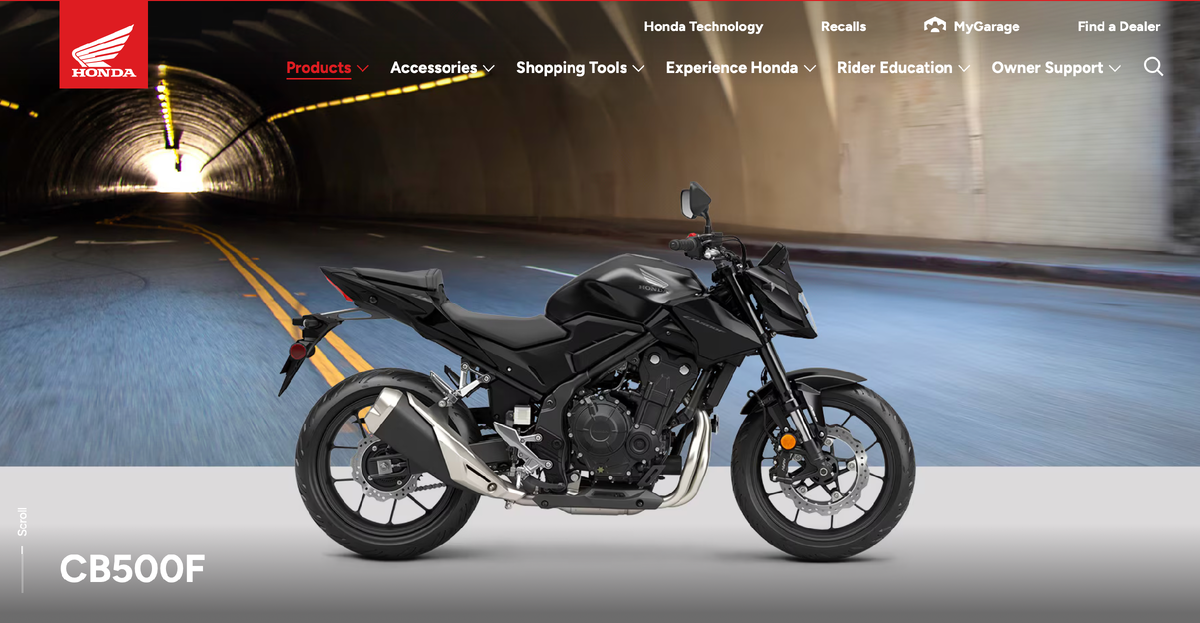 CB500F скриншот с сайта https://powersports.honda.com/motorcycle/standard/cb500f