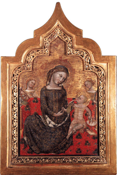 "Мадонна Смирения" / Madonna dell’Umiltà, ок. 1353 года) показывает Мадонну, вяжущую нитями двух или трех разных цветов.