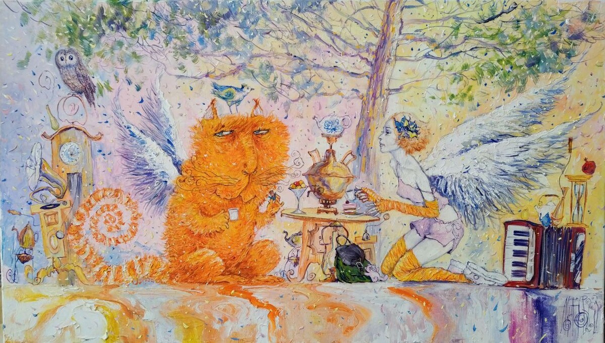 © Илья Логинов. Полуночное чаепитие с ангелом. Холст, масло. 