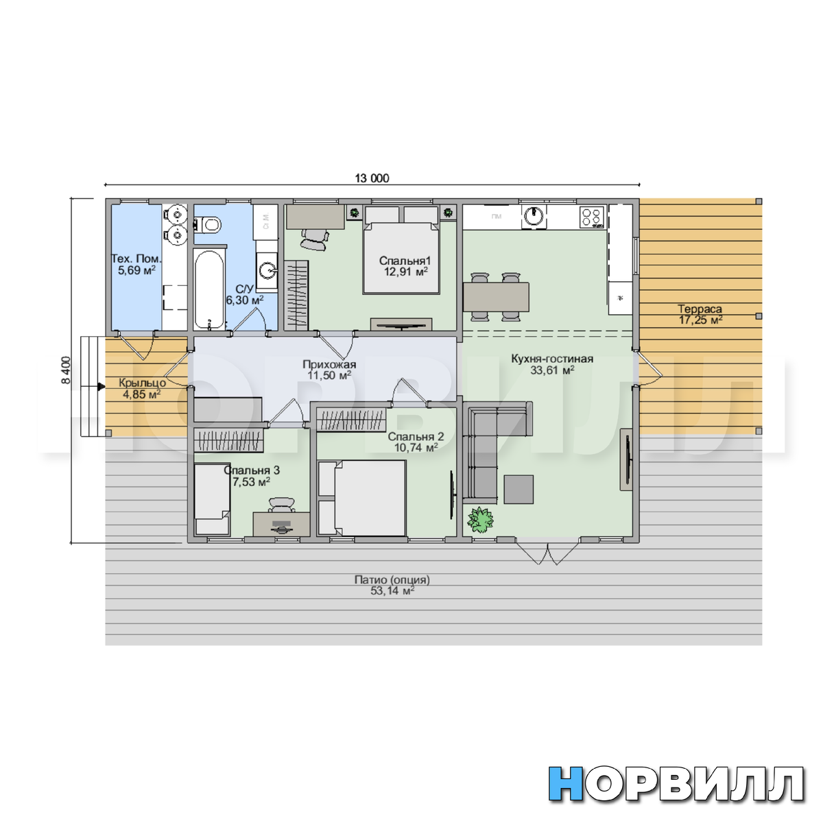 Вариант планировки 3 спальни, с/у, тех.пом.
