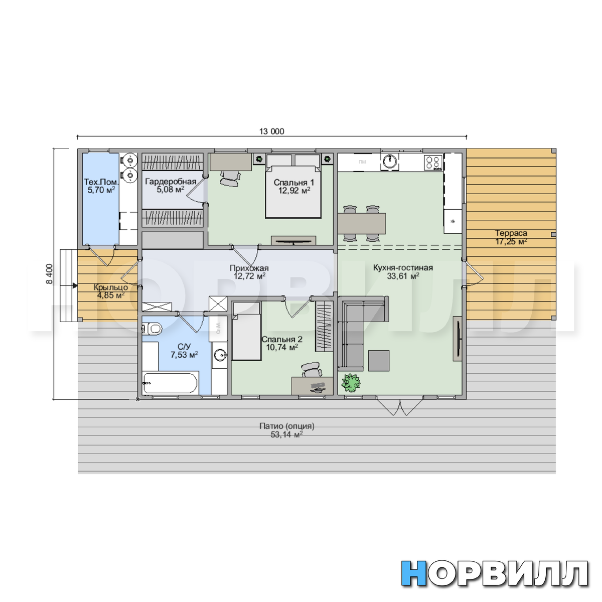 Вариант планировки 2 спальни, гардеробная, с/у, тех.пом.