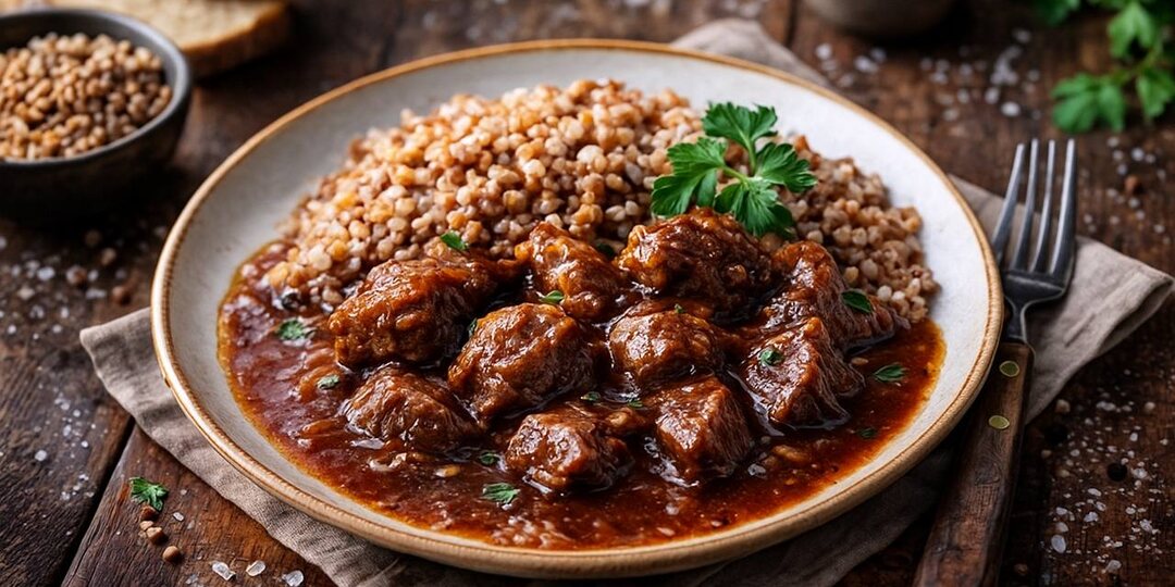 Подлива, как в детстве: густая, ароматная, с мягкой говядиной и горячей гречкой