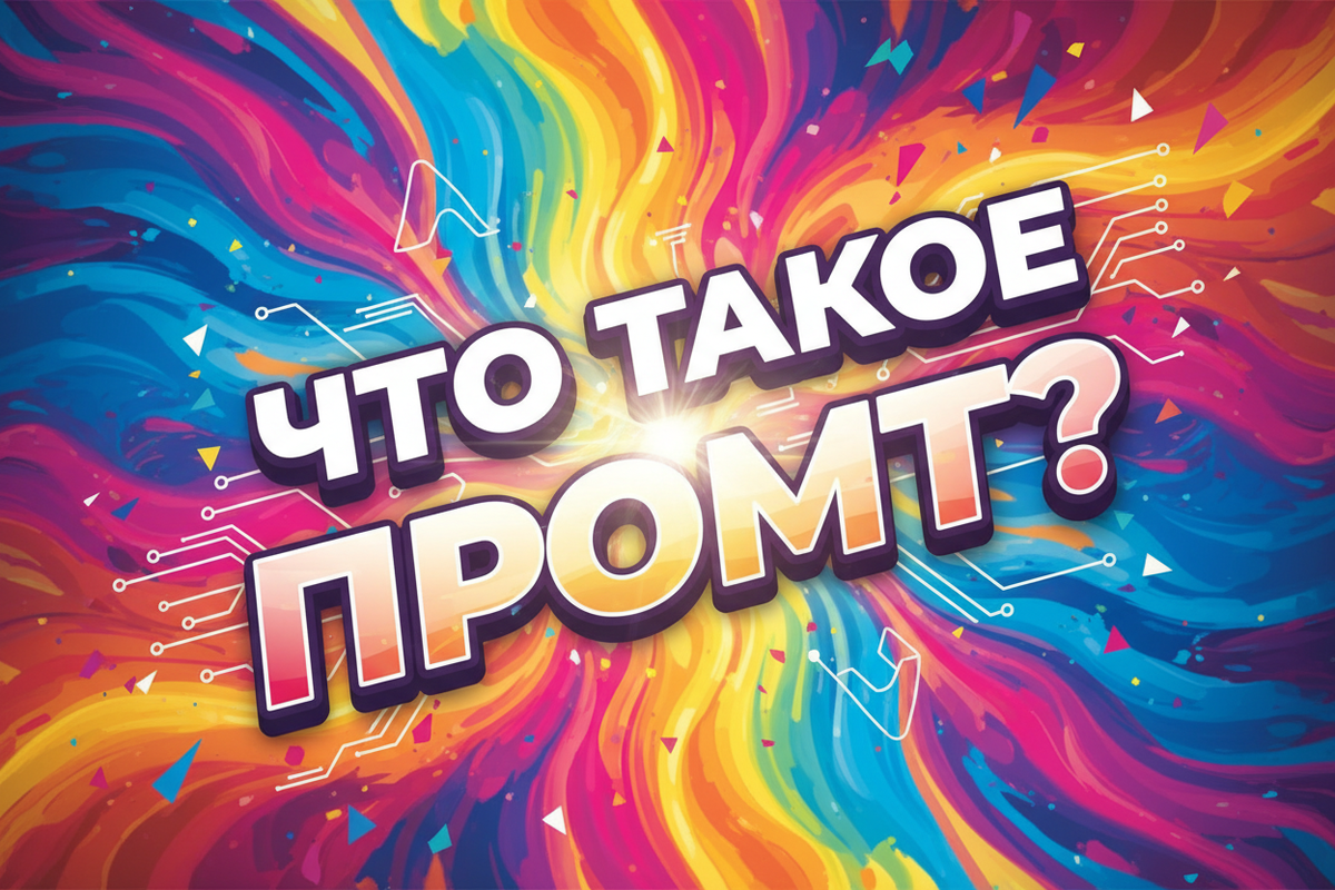 Сгенерировано в  NanoBanana по промту - Заставка цветастая яркая к статье .Надпись на Русском языке "ЧТО ТАКОЕ ПРОМТ?"